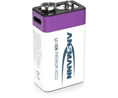 Įkraunamos baterijos 1604 9V 400mAh (Li-Ion 3.7Wh) su USB-C lizdu, max iškrovimo srovė 0.4A ANSMANN