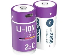 Įkraunamos baterijos C 1.5V 2500mAh (Li-Ion 4.07Wh) su USB-C lizdu, max iškrovimo srovė 2.5A, 2vnt įpakavime ANSMANN
