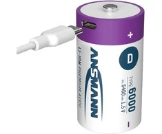 Įkraunamos baterijos D 1.5V 6000mAh (Li-Ion 12Wh) su USB-C lizdu, max iškrovimo srovė 2A, 2vnt įpakavime ANSMANN