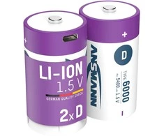 Įkraunamos baterijos D 1.5V 6000mAh (Li-Ion 12Wh) su USB-C lizdu, max iškrovimo srovė 2A, 2vnt įpakavime ANSMANN