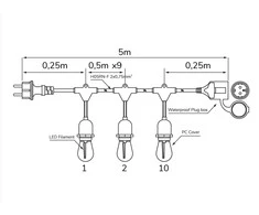 LED girlianda su 10 vnt E27 1W FILAMENT lemputėmis, šiltai balta 2700K, IP65, LEDOM