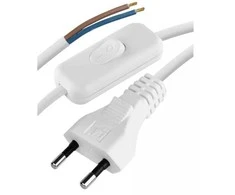Maitinimo kabelis AC su kištuku 2m, jungikliu ir lituojamais išvadais iki 2.5A PVC 2× 0,75mm² baltas EMOS