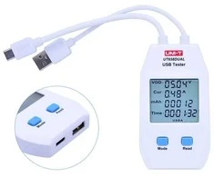 USB-A, USB-C testeris, QC1.0/ 2.0/ 3.0/ 4.0 (C tipas) ir QC1.0/ 2.0/ 3.0 (A tipas) protokolai, 0~99999mAh; 0~1000Wh; 1~480?, 4~24VDC, UNI-T