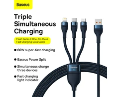 Baseus Flash 3 su 1-ben USB įkrovikliu, USB-C + Micro USB + Lightning 66 W, 1.2 m (kek)