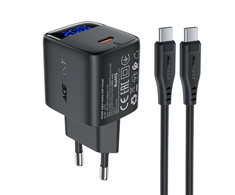 Acefast A113 GaN PD 20W USB-C sieninis įkroviklis su ekranu ir USB-C laidu - Juodas