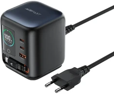 Acefast Z10 GaN 100W 3xUSB Desktop Charger with Retractable USB-C Cable and TFT Ekranas - Juodas