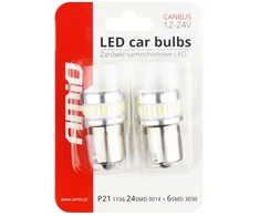 Amio LED CANBUS 3014 24SMD + 3030 6SMD 1156 BA15S P21W R10W R5W Balta 12V/24V