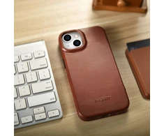 iCarer CE Oil Wax Premium Leather Apple iPhone 14 Plus magnetic atverčiamas MagSafe dėklas telefonui rudos spalvos (AKI14220707-BN)