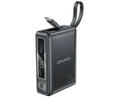 AWEI PowerBank su integruotu kabeliu P87K 10000mAh juodos spalvos 30W