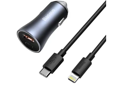 Baseus Golden Contactor Pro automobilinis įkroviklis USB + USB-C QC4.0 + PD SCP, 40W + USB-C kabelis skirtas iP 1m