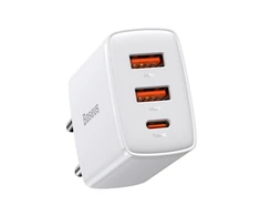 Baseus Sieninis įkroviklis 30W 2xUSB + USB-C QC3.0 PD3.0, baltas