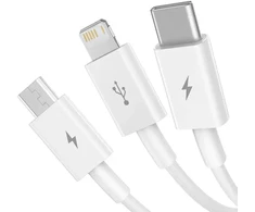 Baseus P10320105221-00 3-in-1 duomenų perdavimo ir įkrovimo kabelis | USB-A į USB-C, Lightning, Micro USB | 17,5 W | 0,5 m | baltas