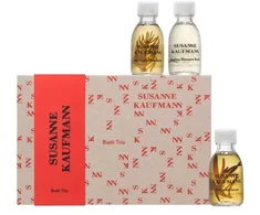 Vonios trijulės rinkinys Susanne Kaufmann: kūno priežiūros vonios, pojūčiams, maitinantis, vonios aliejus, 30 ml + kūno priežiūros vonios, kalnų pušis, atpalaiduojantis, vonios aliejus, 30 ml + kūno priežiūros vonios, dedešvos žiedas, maitinantis, putų vonios, 30 ml