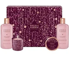 Baylis &amp; Harding Prabangus dovanų rinkinys su žvake (laukinė vyšnia ir vanilė) – kūno priežiūros dovanų rinkinys su žvake (4 vnt.)