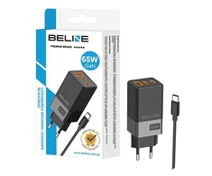 Beline Laidinis įkroviklis 2x USB-C + 1x USB 65W + kabelis USB-C juodos spalvos PD 3.0 + QC 3.0 BLN3CB65C GaN