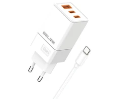 Beline Laidinis įkroviklis 2x USB-C + 1x USB 65W + kabelis USB-C baltos spalvos PD 3.0 + QC 3.0 BLN3CW65C GaN