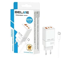 Beline Laidinis įkroviklis 2x USB-C + 1x USB 65W + kabelis USB-C baltos spalvos PD 3.0 + QC 3.0 BLN3CW65C GaN
