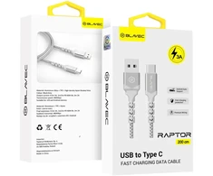 Blavec Kabelis Raptor pintas - USB į Type C - 3A 2 ms Apple CarPlay/Android Auto (CRA-UC3WS20) baltos spalvos-sidabrinis