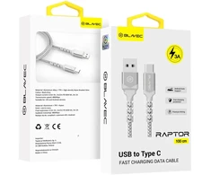 Blavec kabelis Raptor pintas – USB į Type C – 3A 1 metras Apple CarPlay/Android Auto (CRA-UC3WS10) baltos ir sidabro spalvos