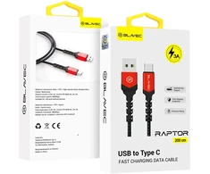 Blavec Cable Raptor braided - USB to Type C - 3A 2 metres Apple CarPlay/Android Auto (CRA-UC3BR20) juodos spalvos-red