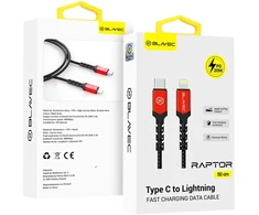 Blavec kabelis Raptor braided – Type C į Lightning – PD 20W 2,4A 0,5 metras (CRA-CL24BR05) juodos spalvos-raudonos spalvos