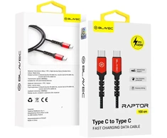Blavec kabelis Raptor braided – Type C į Type C – PD 100W 5A 1 metras (CRA-CC5BR10) juodos spalvos-raudonos spalvos