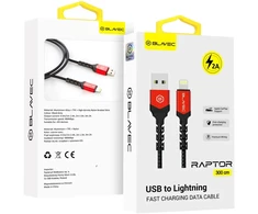 Blavec kabelis Raptor braided – USB į Lightning – 2A 3 metras (CRA-UL2BR30) juodos spalvos-raudonos spalvos