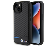 BMW Leather Carbon Mėlyna Line - dėklas skirtas Apple iPhone 15 juodas