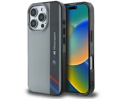BMW BMHCP16L23HTFEG Apple iPhone 16 Pro 6.3" pilkos spalvos harddėklas Motorsport IML Vertical Stripe