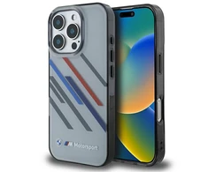 BMW Motosport IML Random Stripes Apple iPhone 16 Pro Case - dėklas telefonui pilkos spalvos