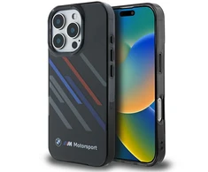 BMW BMHCP16X23HTRAK Apple iPhone 16 Pro Max 6.9" juodos spalvos harddėklas Motorsport IML Random Stripes