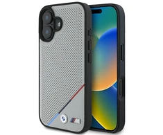 BMW M Perforated Tricolor Line MagSafe Apple iPhone 16 Case - dėklas telefonui pilkos spalvos