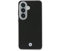 BMW firminis PU odos metalinis telefono dėklas su logotipu, skirtas Samsung Galaxy S26+ (S947) juodas