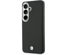 BMW firminis PU odos metalinis logotipo telefono dėklas su „MagSafe“ palaikymu, skirtas „Samsung Galaxy S26“ (S942) juodas