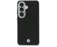 BMW firminis PU odos metalinis logotipo telefono dėklas su „MagSafe“ palaikymu, skirtas „Samsung Galaxy S26“ (S942) juodas