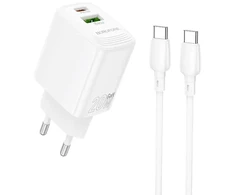 Borofone laidinis įkroviklis BN27 Fuente – USB + Type C – QC 3.0 PD 20W su Type C į Type C kabeliu baltos spalvos
