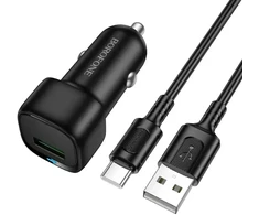 Borofone automobilinis įkroviklis BZ34 Cloud - USB - QC 3.0 18W su kablem USB į Typ C juodos spalvos