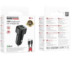 Oem Borofone automobilinis įkroviklis BZ34 Cloud - USB - QC 3.0 18W su kablem USB į Typ C juodos spalvos