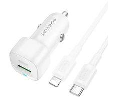 Borofone automobilinis įkroviklis BZ34B Cloud – USB + Type C – QC 3.0 PD 38W with Type C to Lightning cable baltas