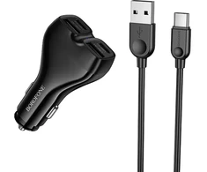 Borofone automobilinis įkroviklis BZ35 Leader – 2 x Typ C + 2 x USB – PD 30W su kabeliu USB į Typ C juodos spalvos