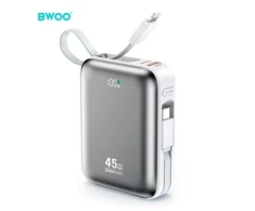 BWOO P78 powerbank 20000mAh szybkie ładowanie PD45W su 2 kablami USB-C i Lightning sidabrinė