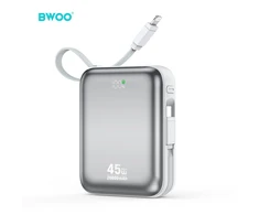BWOO P78 powerbank 20000mAh szybkie ładowanie PD45W su 2 kablami USB-C i Lightning sidabrinė