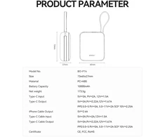BWOO išorinė baterija P74 22.5W 10000 mAh su 2 integruotais laidais 1 x USB-C 1 x Lightning juoda