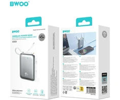 BWOO 20000mAh greitojo įkrovimo išorinė baterija PD45W su 2 laidais Type C ir Lightning P78 sidabrinė