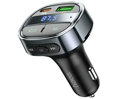 Car charger Hoco USB A + USB C PD QC3.0 5A 30W with digital display + transmitter FM BT E70 obsidian juodas