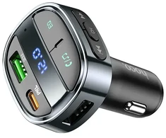 Car charger Hoco USB A + USB C PD QC3.0 5A 30W with digital display + transmitter FM BT E70 obsidian juodas