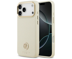 Dėklas Guess Grained Strass Logo MagSafe skirtas Apple iPhone 17 Pro Max beige
