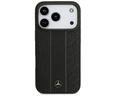 Dėklas Mercedes Leather Laurel Leaves Stripes MagSafe Apple iPhone 17 Pro juodos spalvos
