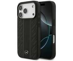 Dėklas Mercedes Leather Laurel Leaves Stripes MagSafe skirtas Apple iPhone 17 Pro juodos spalvos