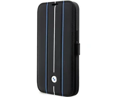 Apple iPhone 14 Pro BMW Bookdėklas odinis Stamp Mėlyna Lines (BMBKP14L22RVSK) juodos spalvos